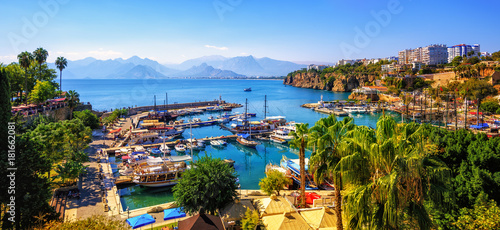 Panorama of the Antalya Old Town port, Turkey