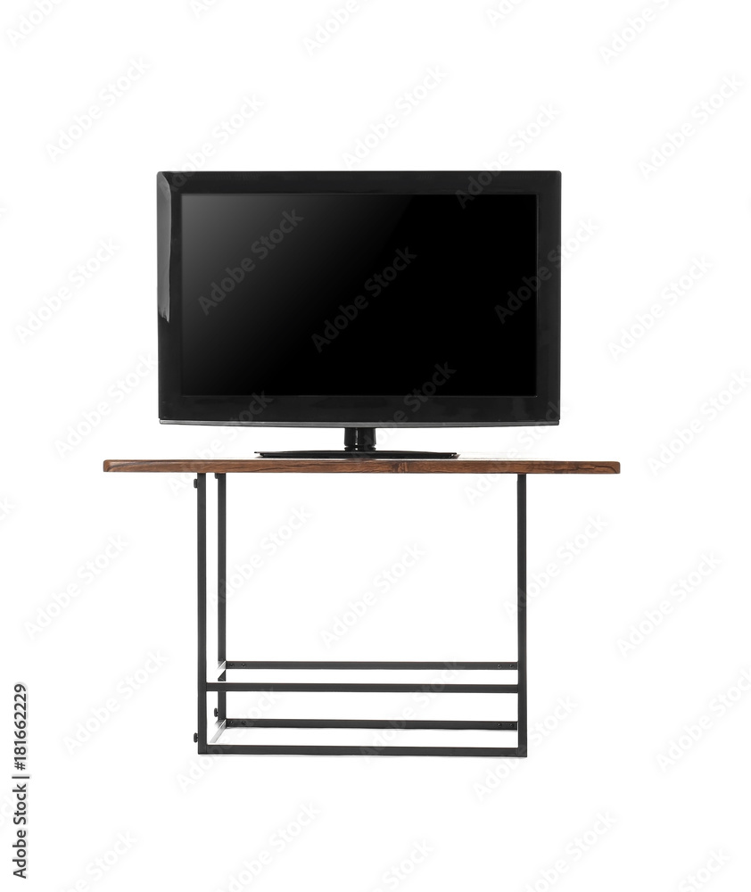 Stand with modern TV on white background Stand with modern TV on white background