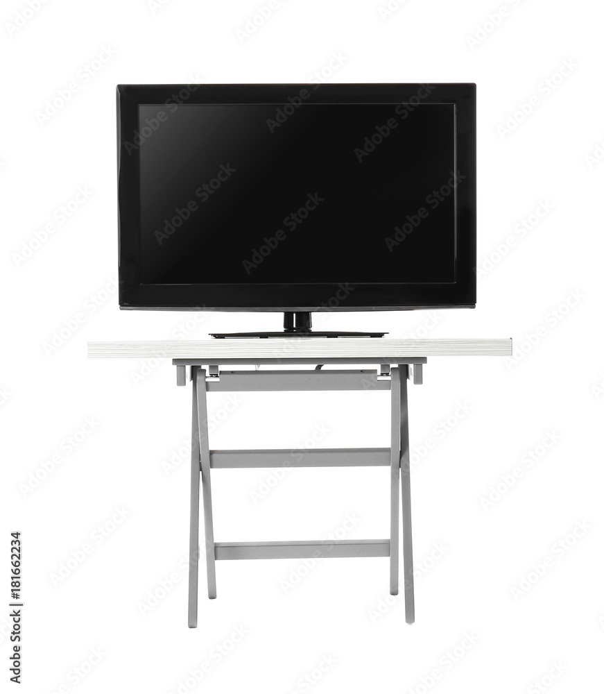 Stand with modern TV on white background Stand with modern TV on white background