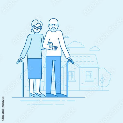 Vector flat linear illustration in blue colors - happy grandparents