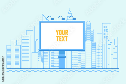 City illustration with buildings and billboard with copy space for text