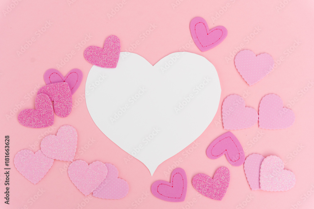 Valentines day frame with hearts on pink background with copy space