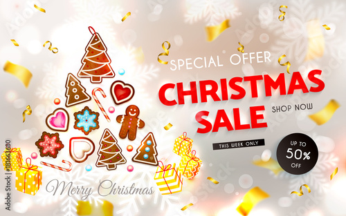 Christmas sale. Christmas cookies, sweets, cake - snowflakes, gingerbread man, Christmas tree. Festive silvery background with confetti, sparkles and a golden serpentine. Vector