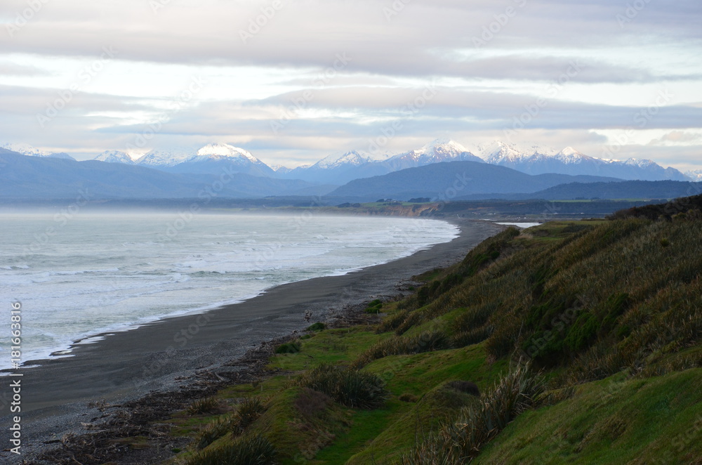 Landscape with snow-capped mountains background from New Zealand's south island