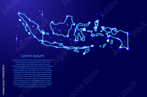 Map Indonesia from the contours network blue, luminous space stars for banner, poster, greeting card, of vector illustration