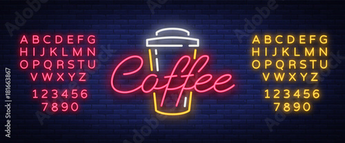Coffee neon sign logo vector illustration, emblem in neon style, bright night sign, night advertisement of coffee. Editing text neon sign. Neon alphabet