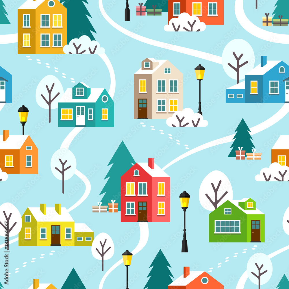 Winter snowy town or village seamless pattern. Merry Christmas and Happy New Year landscape. Vector children flat cartoon illustration.