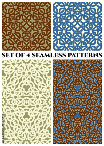 Celtic knot seamless patterns of blue, white, green, brown, and beige shades