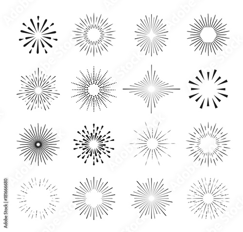 Set of gold isolated sunburst rays design elements. Vector illus