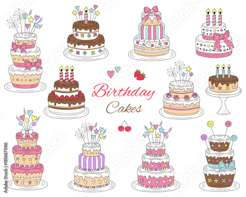 Birthday cakes set  vector hand drawn colorful doodle illustration.