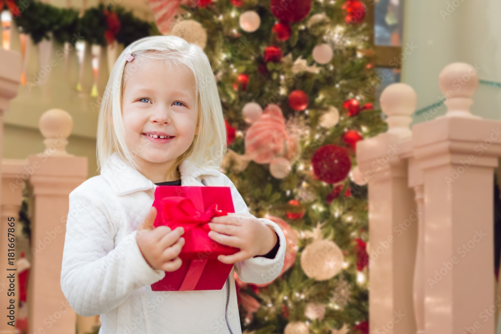 Happy Young Girl Holding Gift Box In Front of Decorated Christmas Tree. Happy Young Girl Holding Gift Box In Front of Decorated Christmas Tree.