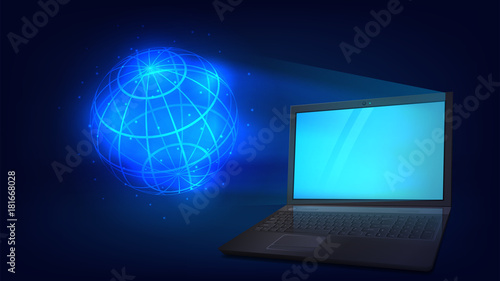 Vector illustration with a laptop and a hologram sphere