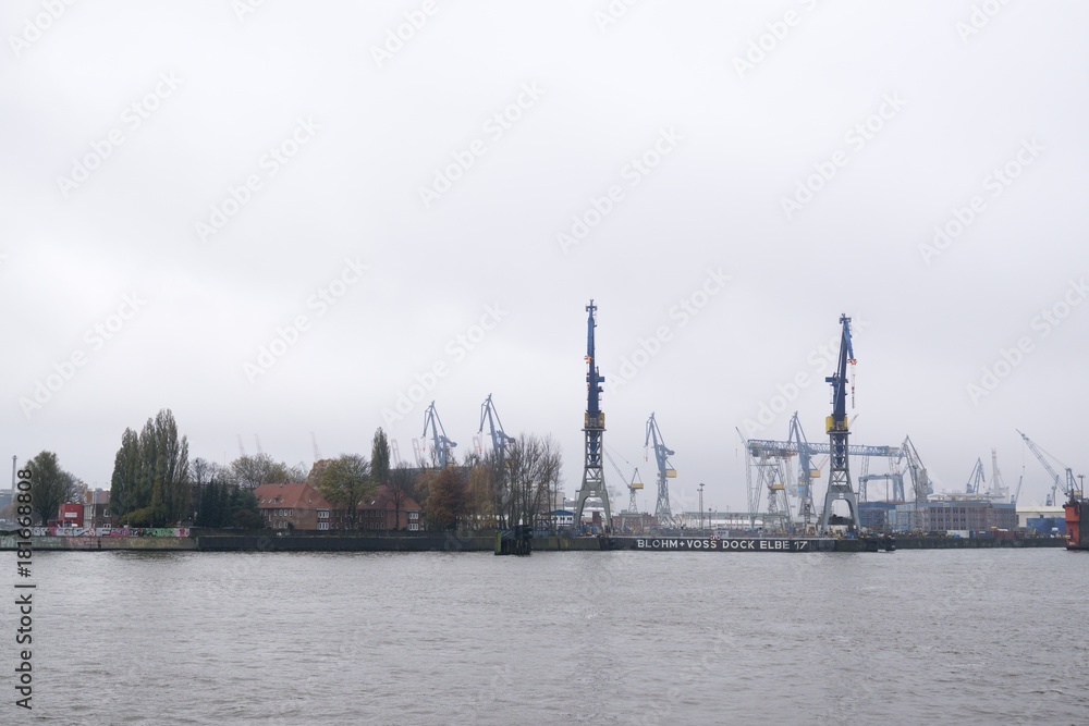 Hamburg, Germany- November 15, 2017: Hamburg Harbor during rainy day. Germany