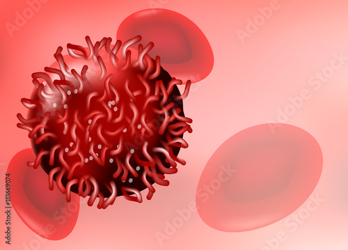 Cancer cell in blood flow. Erythrocytes and abnormal cell on red background. photo