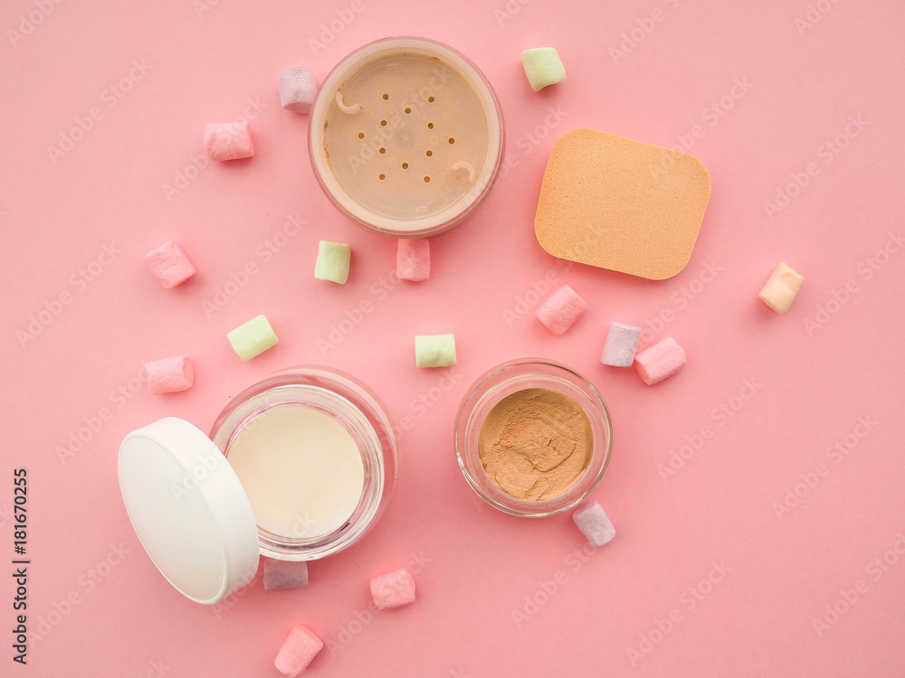 concealer, powder, eyeshadow on a pink background, the concept of beauty and makeup concealer, powder, eyeshadow on a pink background, the concept of beauty and makeup
