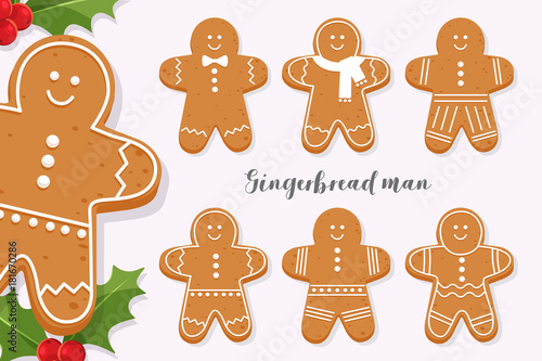 Set of smiling gingerbread man. Holiday sweet cookie isolated on light background. Symbol of Merry Christmas and Happy New Year. Cartoon vector illustration.
