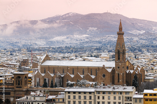 Florence during winter season, Basilica of the Holy Cross as seen from Piazzale Michelangelo. Italy.