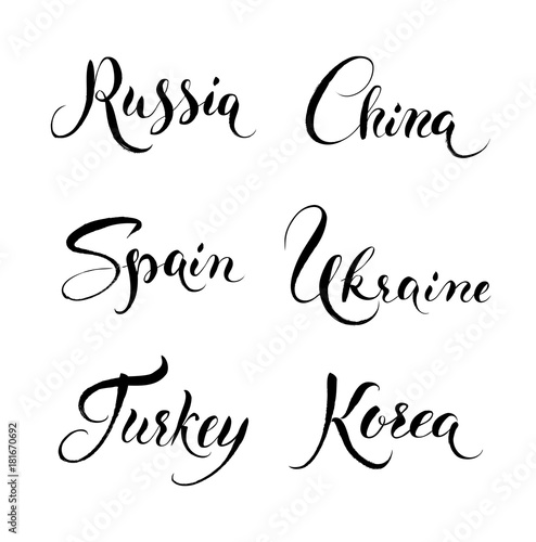 Russia, China, Spain, Ukraine, Turkey, Korea - countries lettering set