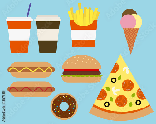 Vector illustration of various Fastfood food and beverages  suitable for menu card - flat