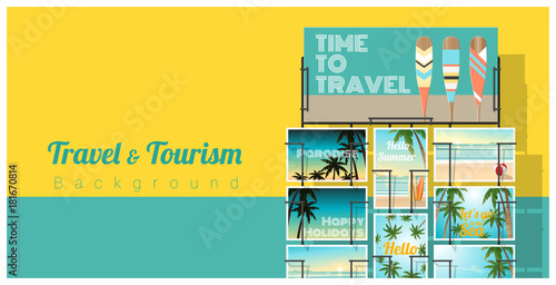 Travel and tourism , tropical sea postcards displayed on colorful background , vector , illustration