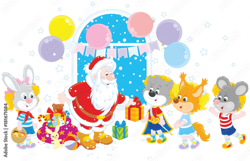 Santa Claus giving Christmas presents to little girls and boys in masquerade masks of funny animals Santa Claus giving Christmas presents to little girls and boys in masquerade masks of funny animals