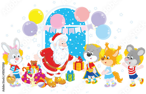 Santa Claus giving Christmas presents to little girls and boys in masquerade masks of funny animals