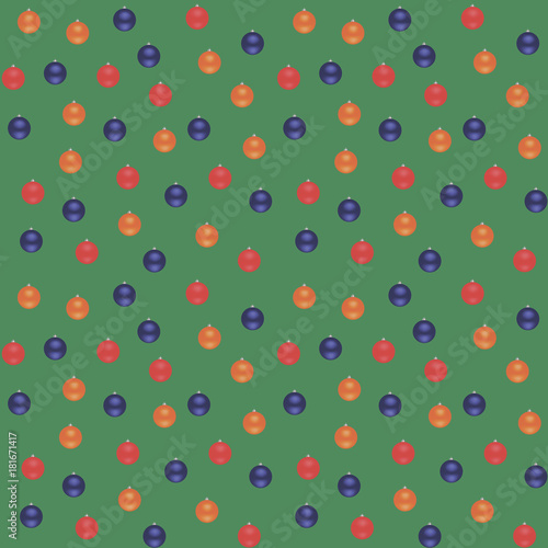 Blue, red, orange Christmas balls on a green background. Seamless vector pattern.