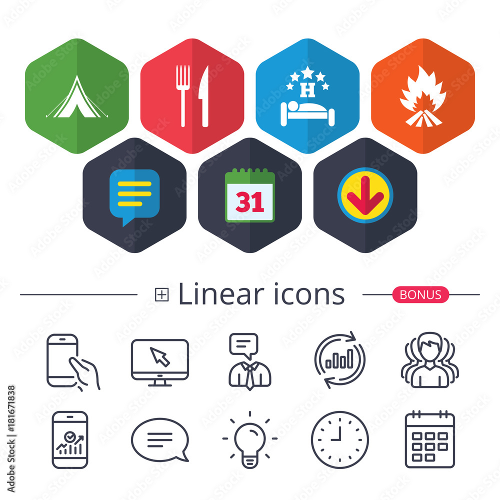 Food, sleep, camping tent and fire signs. Food, sleep, camping tent and fire signs.