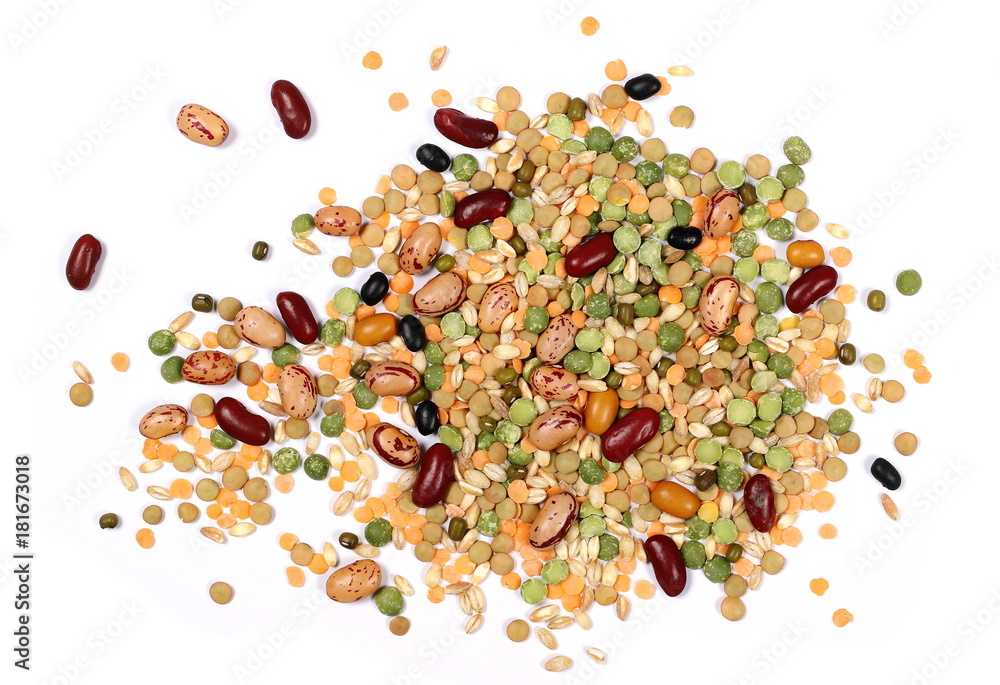 Mixed dried legumes and cereals isolated on white background, top view Mixed dried legumes and cereals isolated on white background, top view