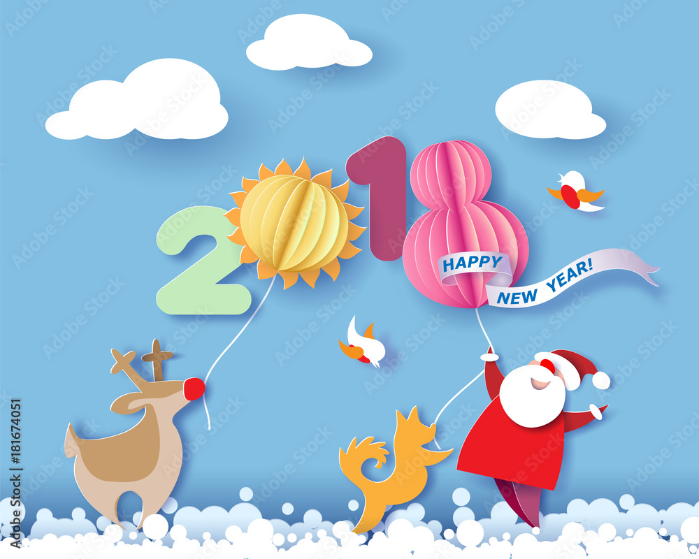 Naklejka premium Color paper cut design and craft winter landscape with reindeer, Santa Claus, dog and digit 2018. Holiday New year and Merry Christmas card. Vector illustration
