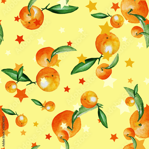Fototapeta Naklejka Na Ścianę i Meble -  mandarin fruit watercolor seamless pattern