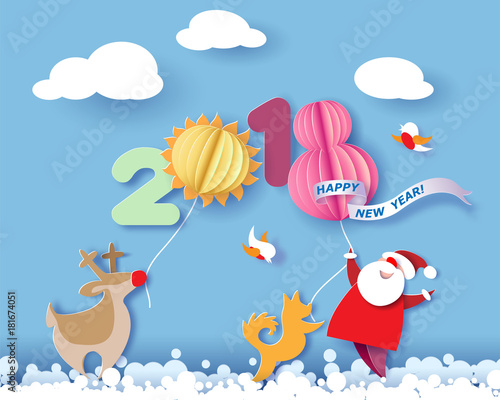 Color paper cut design and craft winter landscape with reindeer  Santa Claus  dog and digit 2018. Holiday New year and Merry Christmas card. Vector illustration