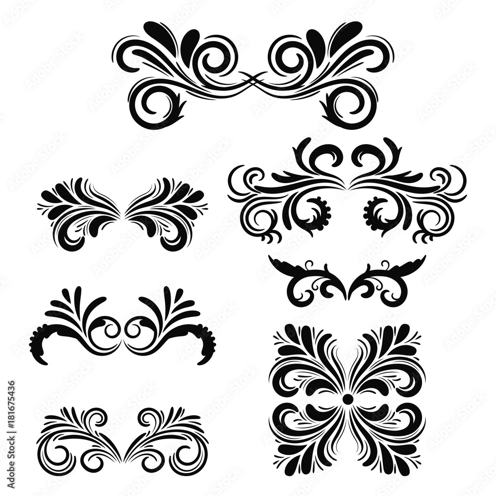 Abstract black curly design element set isolated on white background. Dividers. Swirls. Vector illustration.