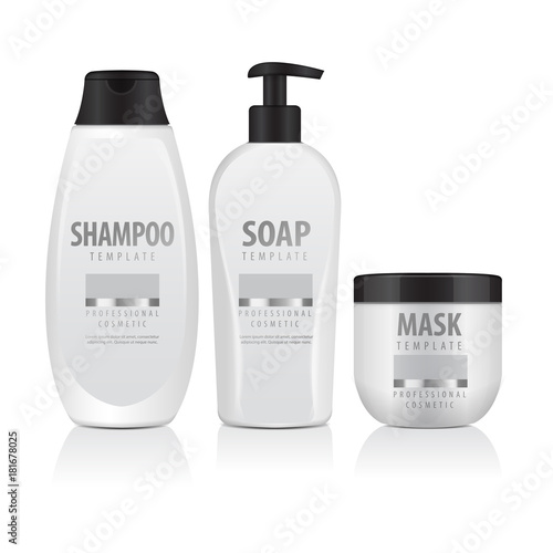 Realistic Cosmetic Bottles set. Tube, Containers, Bottle With Dispencer. Vector Mock Up Illustration