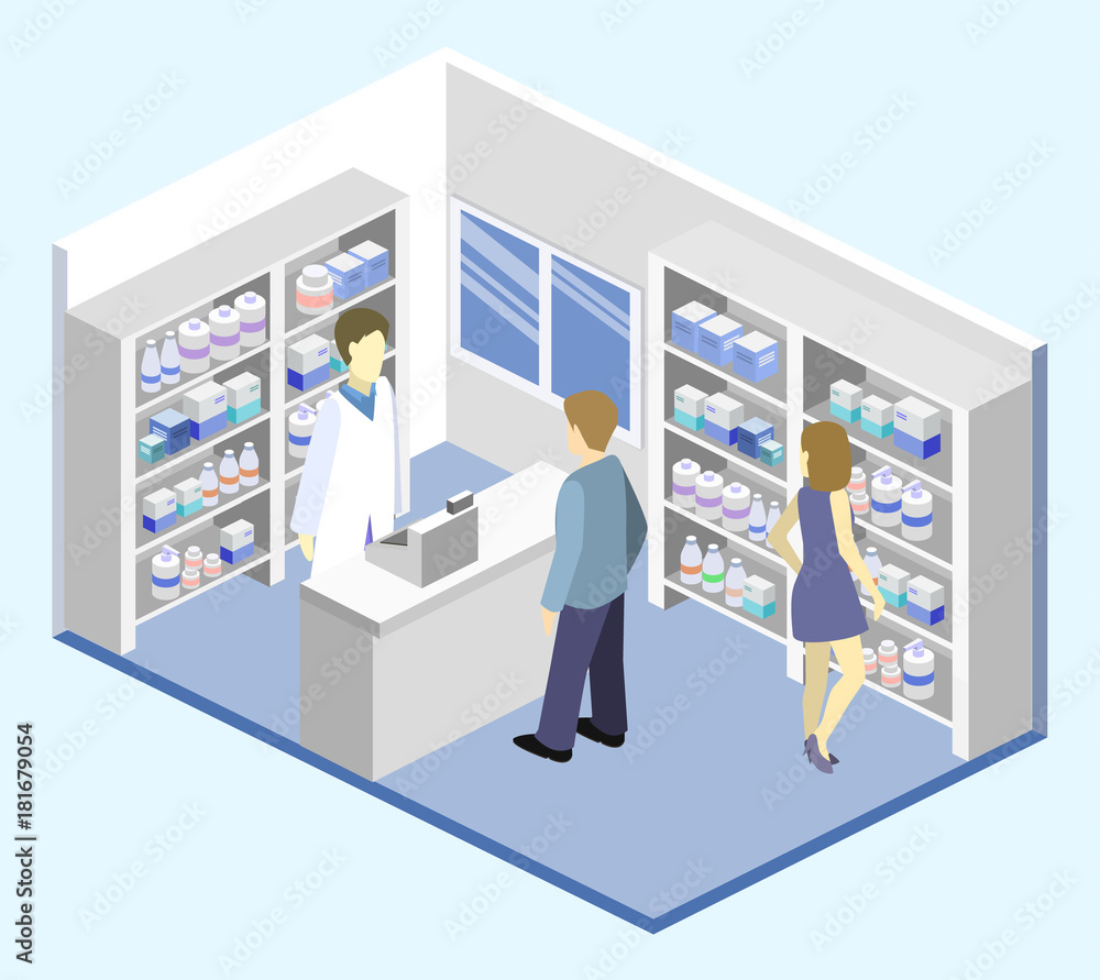 Isometric interior of pharmacy. Flat 3D infographic illustration Isometric interior of pharmacy. Flat 3D infographic illustration