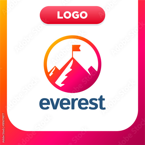 Successfull mission logo business concept. flag on mountain peak. Vector illustration flat design. Isolated on white background. Goal achievement. Symbol of victory or winning