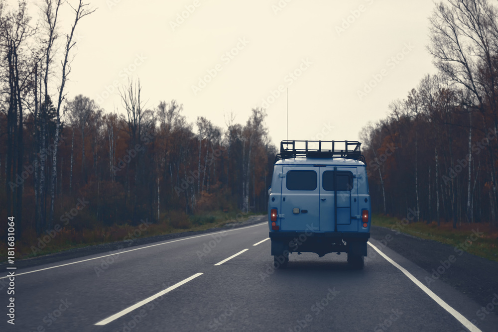 A blue van driving on a road along the forest