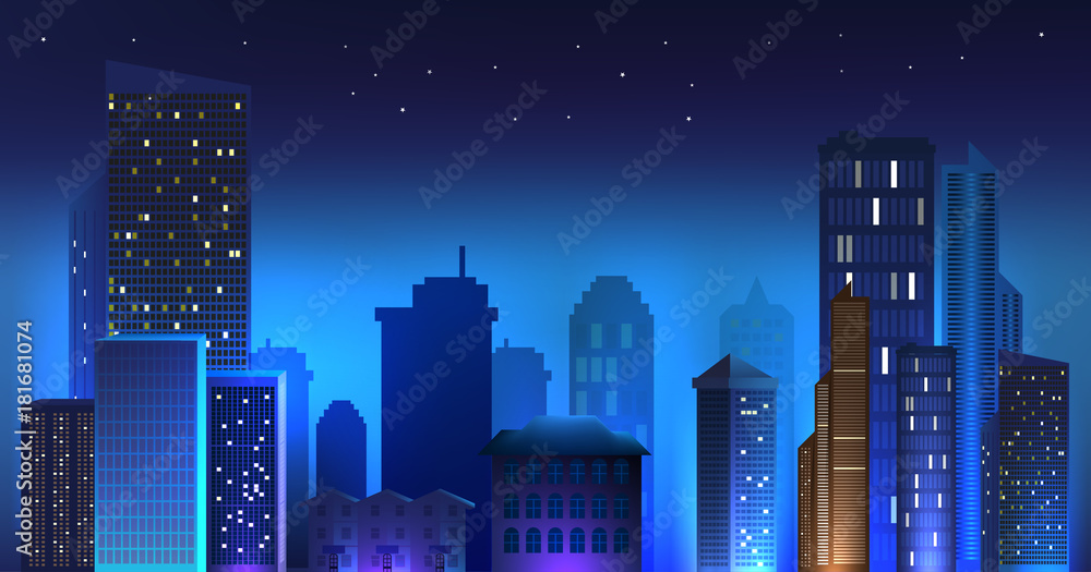 night urban metropolis with high buildings. vector cityscape background