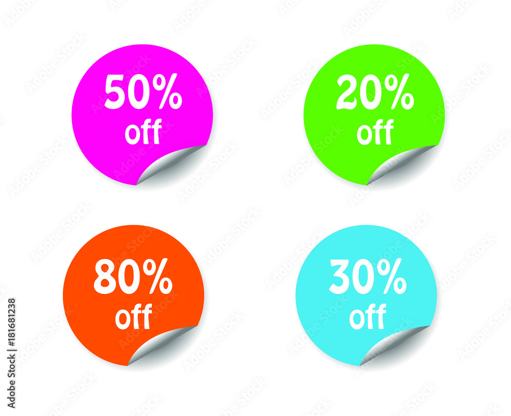 discount circle sticker with curled corner special offer sale label 80% 50% 30% and 20% off isolated vector illustration discount circle sticker with curled corner special offer sale label 80% 50% 30% and 20% off isolated vector illustration