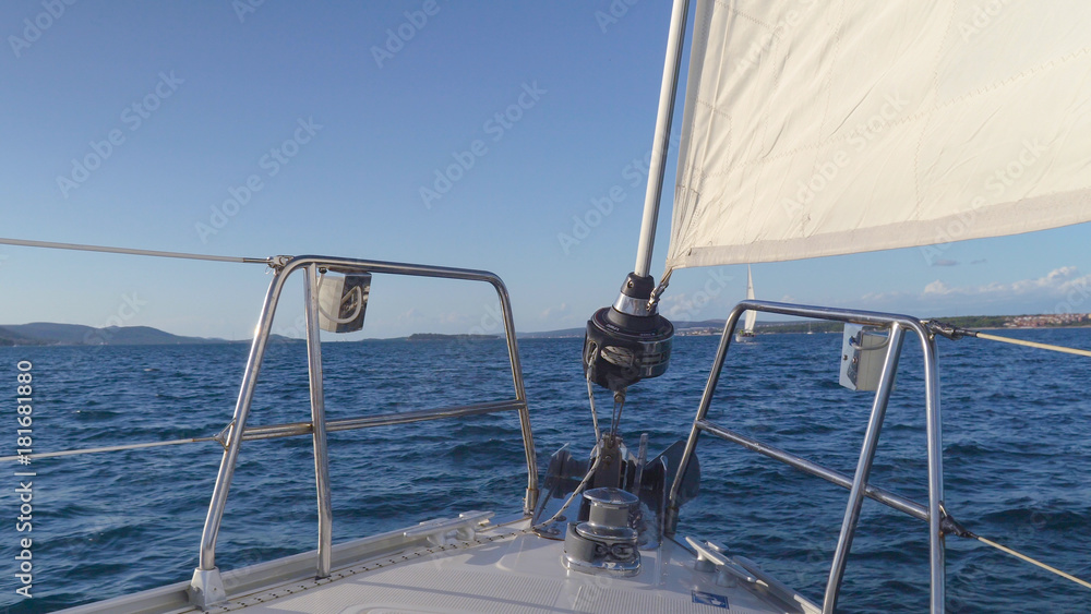 Obraz premium Sailing. Ship yachts with white sails in the Sea. Luxury boats. Boat competitor of sailing regatta.