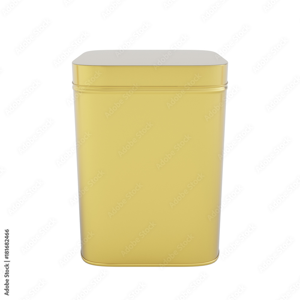 Closed metal golden box, square can, isolated on white, 3D rendering Closed metal golden box, square can, isolated on white, 3D rendering