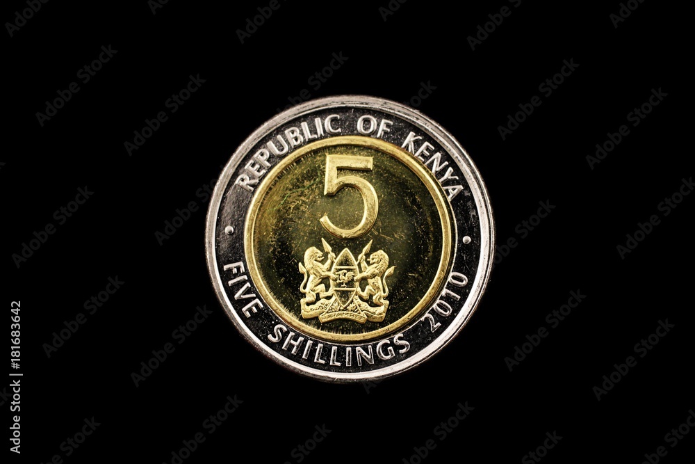 A super macro image of a Kenyan five shilling coin isolated on a black background