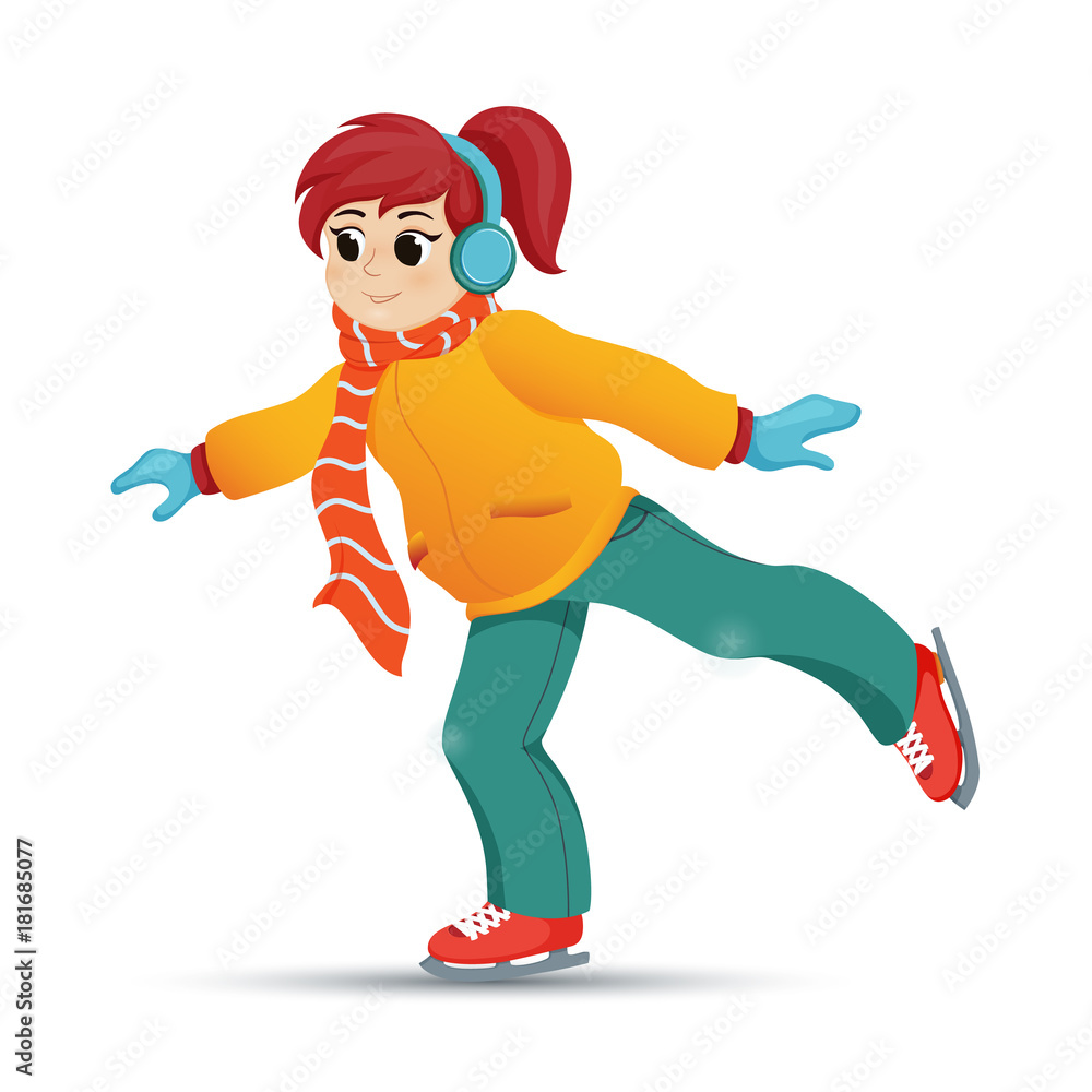 Pretty girl in earmuffs and long scarf ice skating, winter sport activity,  retro cartoon vector illustration isolated on white background. Happy girl  ice skating, winter vacation, outdoor activity Stock Vector | Adobe