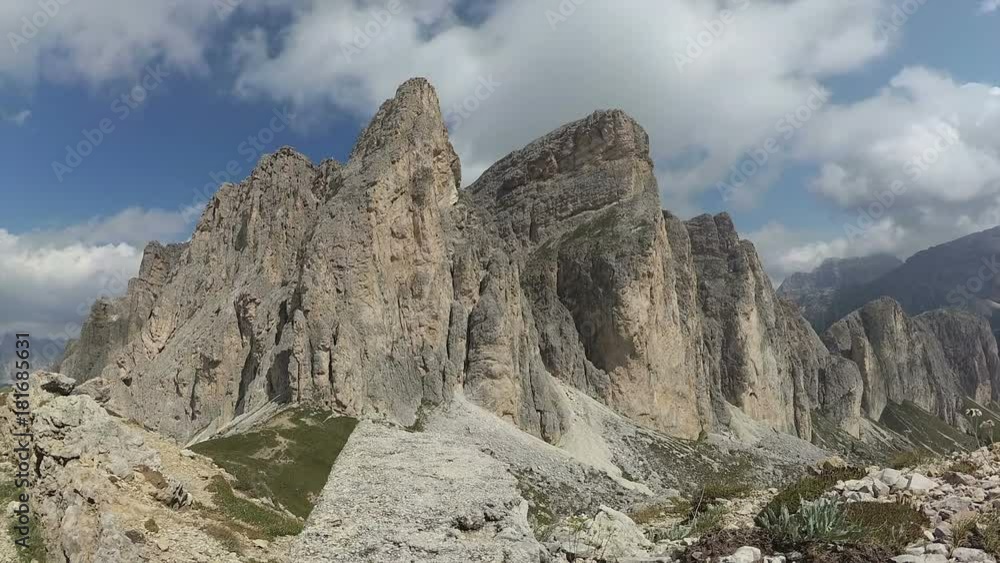Timelapse of vertical dolomitic pinnacles and crests of Mount Settsass, Dolomites, Italy Timelapse of vertical dolomitic pinnacles and crests of Mount Settsass, Dolomites, Italy