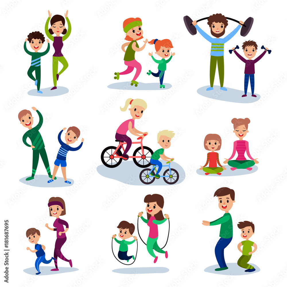 Parents and their kids training and doing sportive exercises together set, sport family concept vector Illustrations
