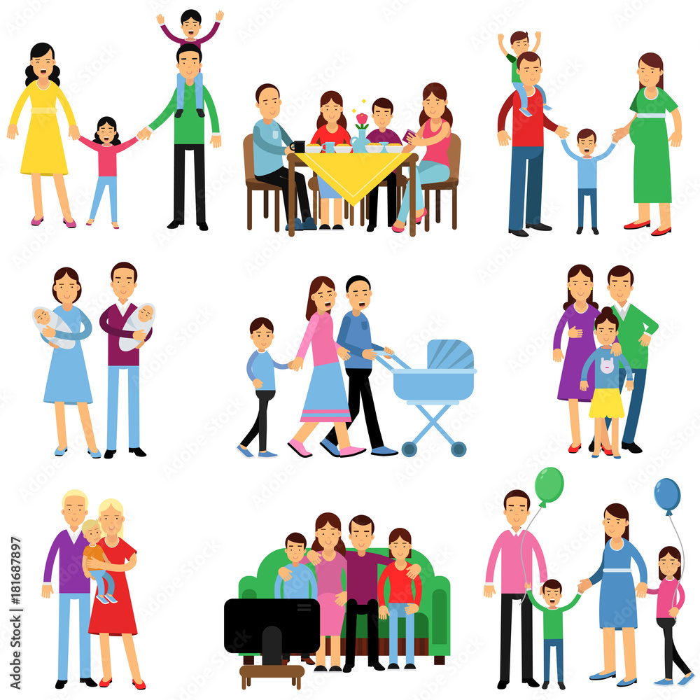 Parents and their kids in different situations set, happy family concept vector Illustrations