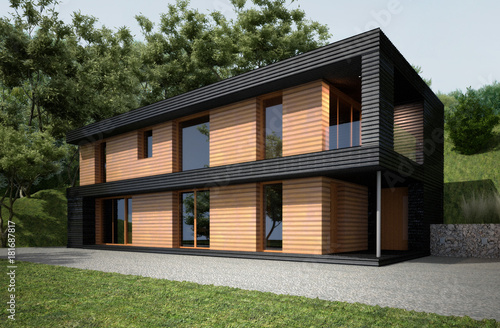Modern house in modern style    Very simple modern design in S styling. Two levels house with big windows.   © Visualization3D