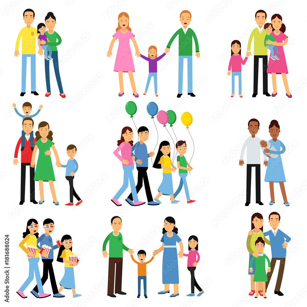 Parents and their kids set, happy family concept vector Illustrations