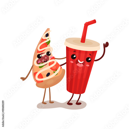 Soda drink and pizza slice characters are best friends, funny fast food menu vector Illustration