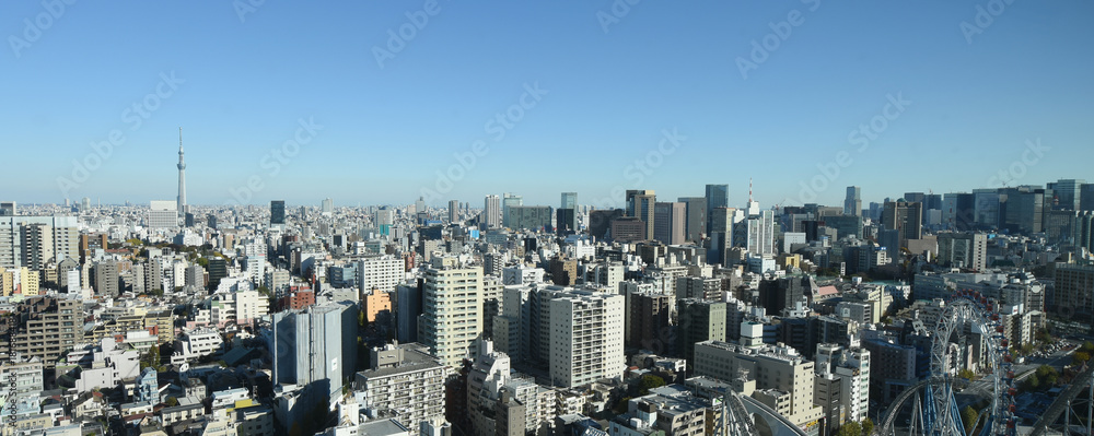 Obraz premium 日本の東京都市景観・澄み切った青空と東京の街並み「文京区や台東区、墨田区、千代田区方面などを望む（画面右は大手町などのビジネス街）」